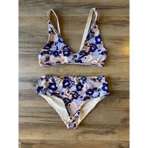 Seea Reversible Bikini Set Purple Tan Floral High Waisted Retro Boho Summer